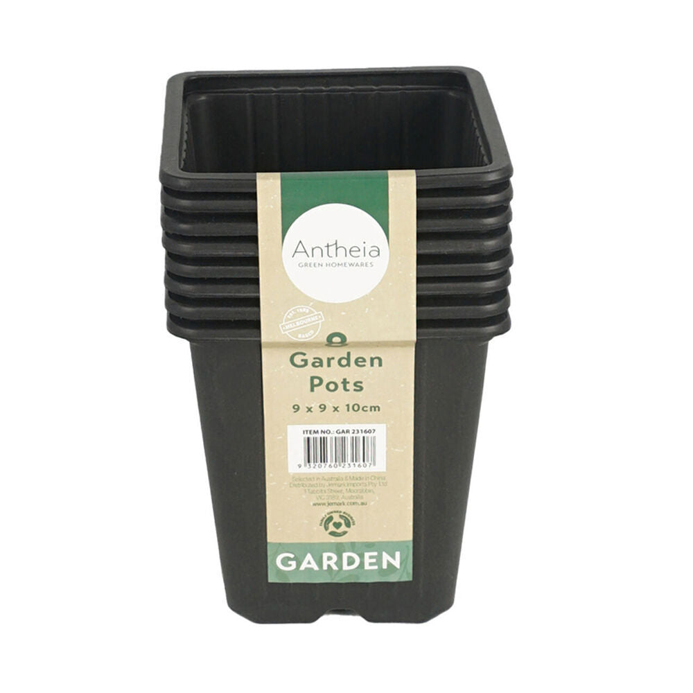 12x 8pc Antheia Plastic Square Garden Planter Pots Medium Pack 9x10cm Black