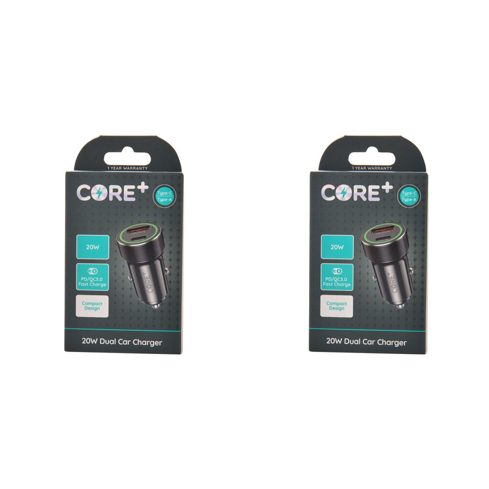 2PK Core Type-C/USB-A Dual Port Car Charger 20W - Black