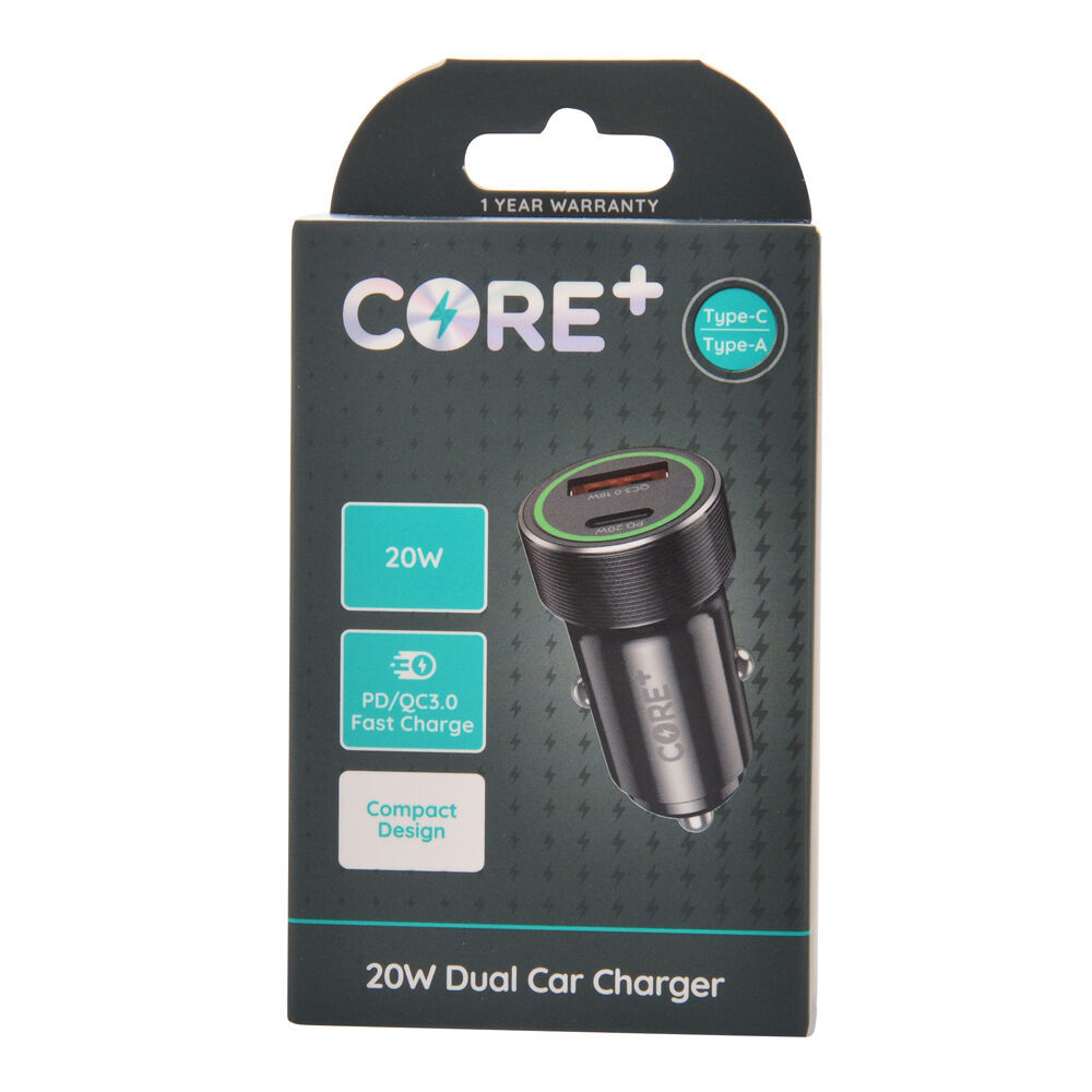 2PK Core Type-C/USB-A Dual Port Car Charger 20W - Black