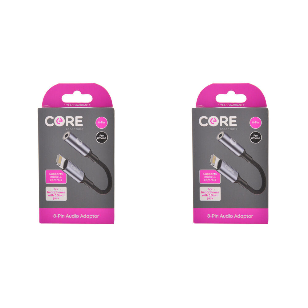 2PK Core Essentials 3.5mm Jack to 8-Pin Audio Adaptor - Black
