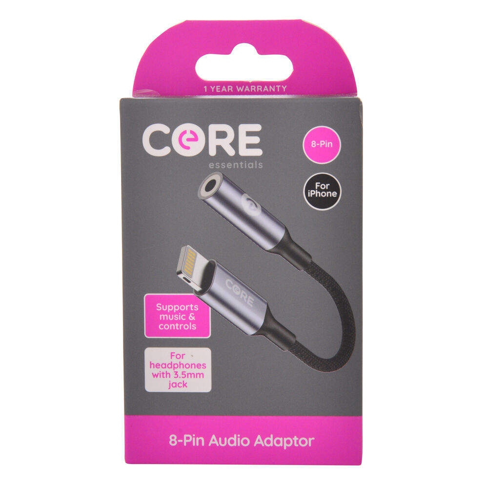 2PK Core Essentials 3.5mm Jack to 8-Pin Audio Adaptor - Black