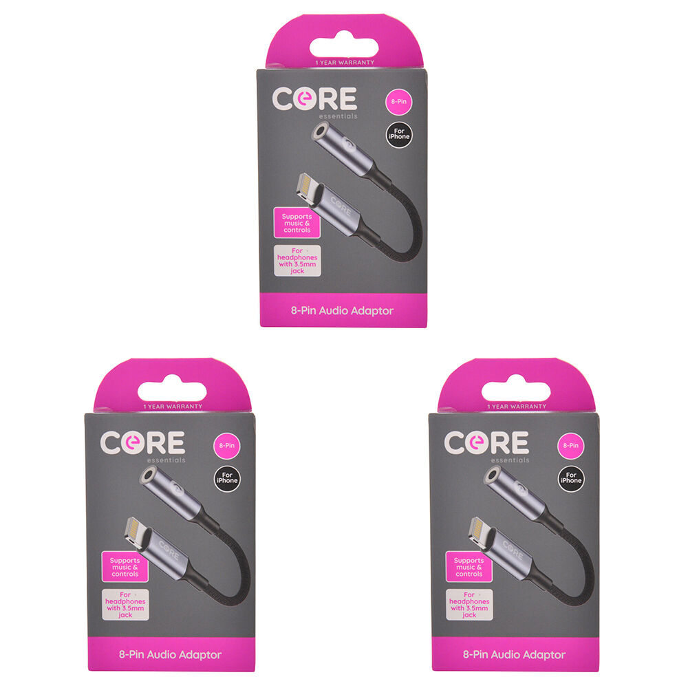 3PK Core Essentials 3.5mm Jack to 8-Pin Audio Adaptor - Black