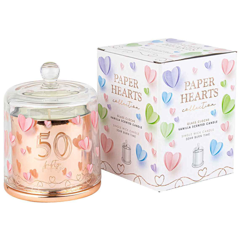 50th Paper Hearts Candle w/ Glass Cloche Vanilla Scent 45hr Burntime