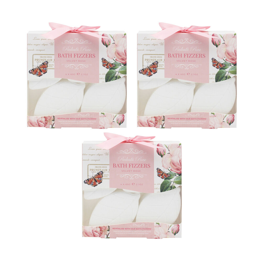 3x 4pc Gibson Gifts Redoute Rose Bath Fizzers 60g - White