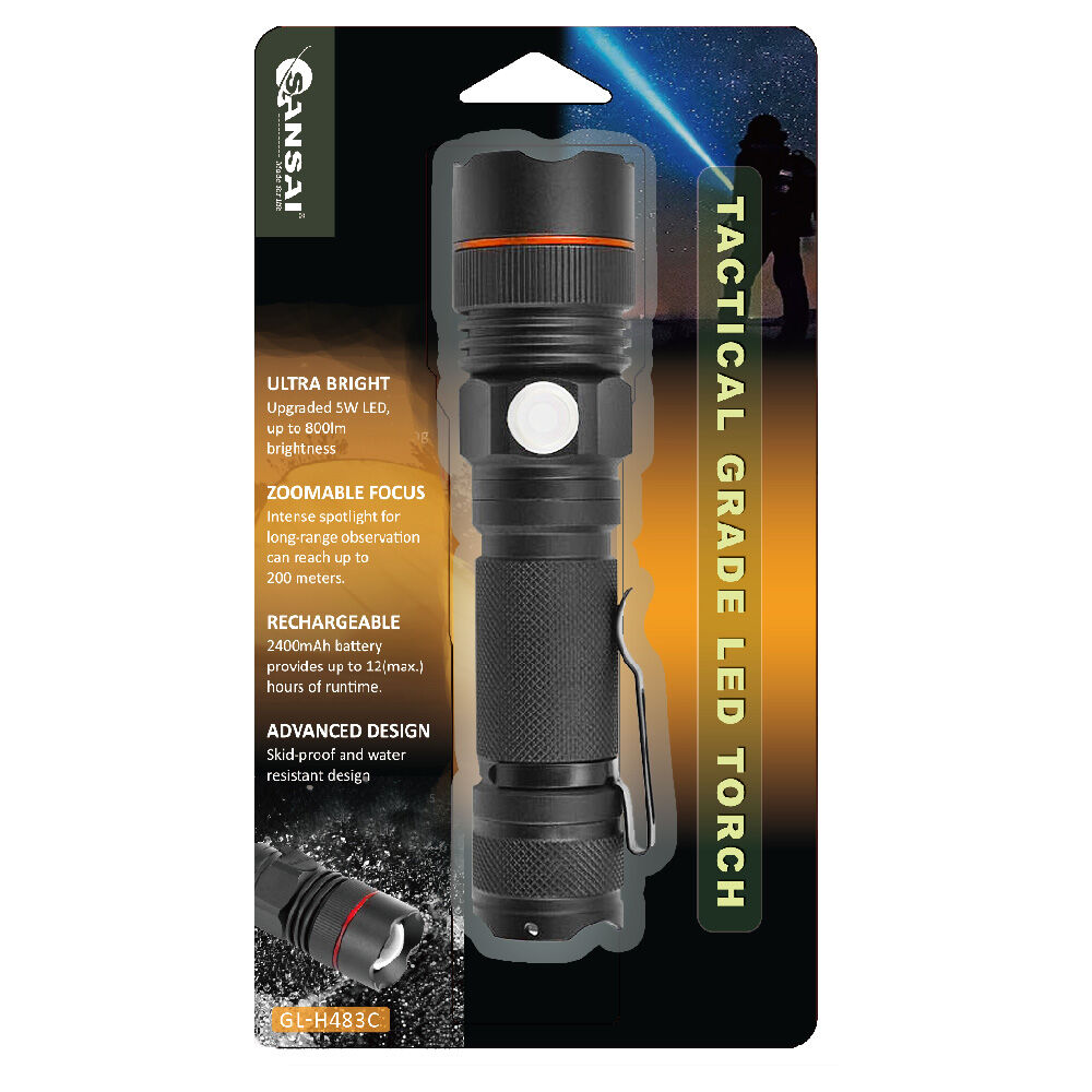 Sansai Tactical Grade Rechargeable Water Resistant 5W LED Torch 29x25.5x117mm