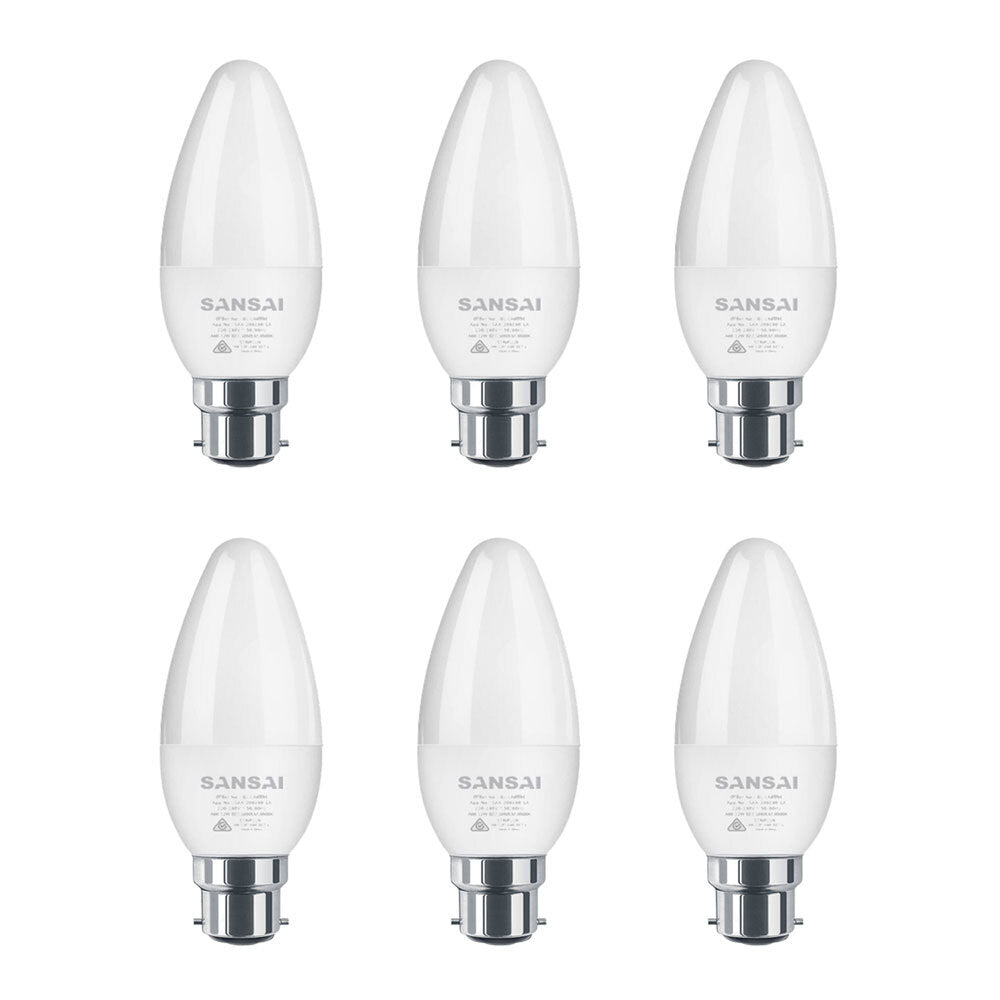 6PK Sansai LED Candle Light Bulb C37 5W B22 Warm White