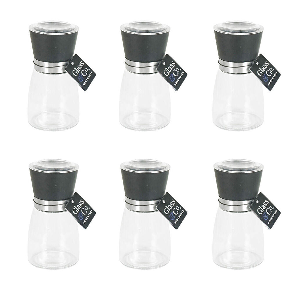 6PK Glass & Co Clear Salt and Pepper Grinder Bottle 200ml Black/Silver
