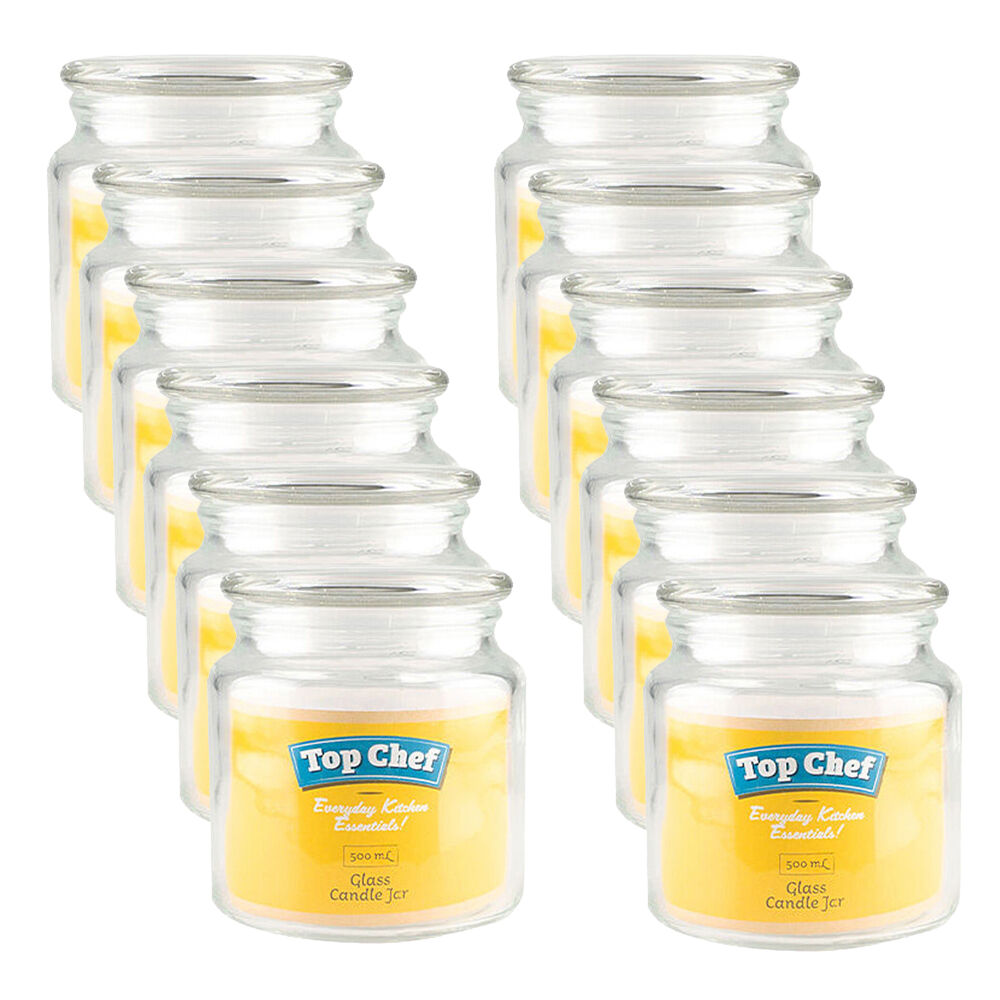 12PK Topchef Small Round Empty Glass Candle Jar w/ Lid 550ml Clear