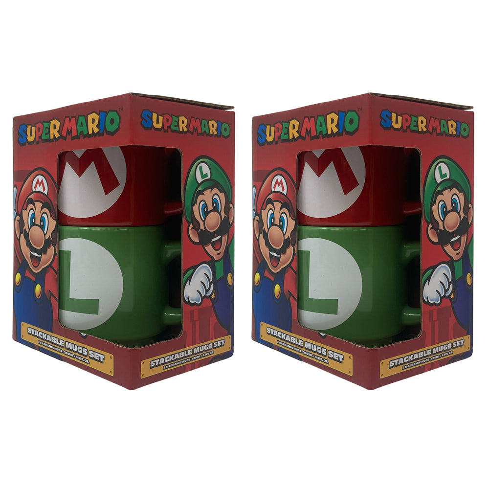 2x 2pc Super Mario Bros Stackable Mug Set - Mario Luigi Initial