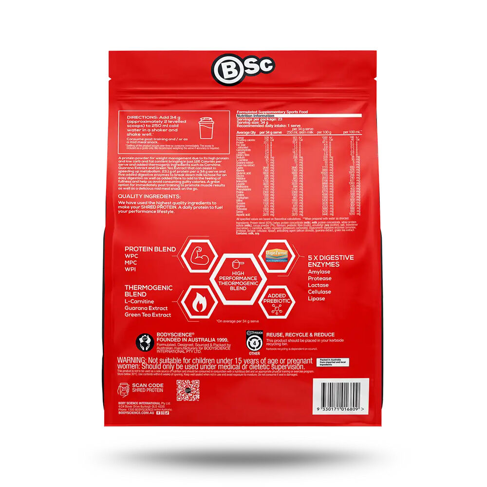 BSc High Protein Shred Powder Post Workout 23 Serves 800g Chocolate