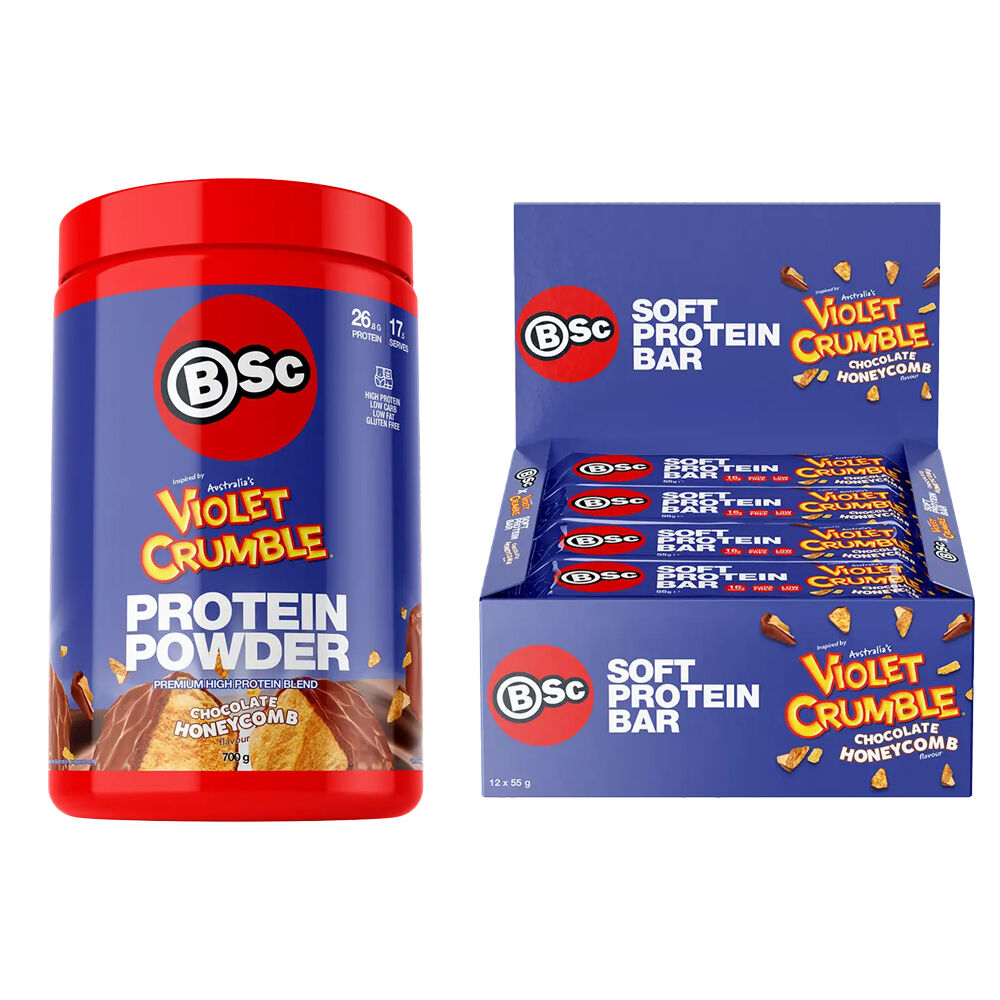 BSc x Violet Crumble Chocolate Honeycomb Combo 12PK Protein Bars & 700g Powder