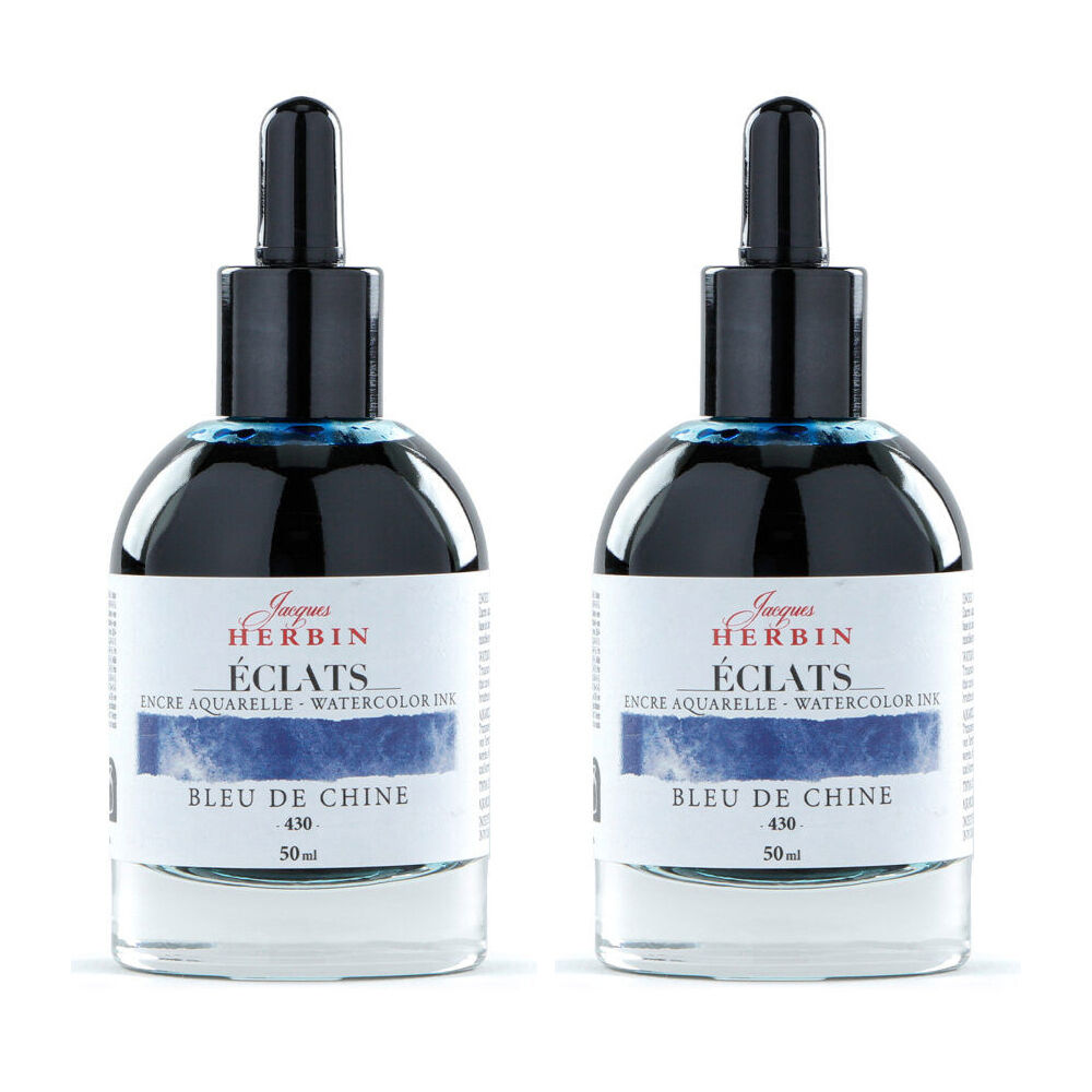 2PK Herbin Eclats Glass Bottle Watercolour Ink w/ Dropper 50ml China Blue