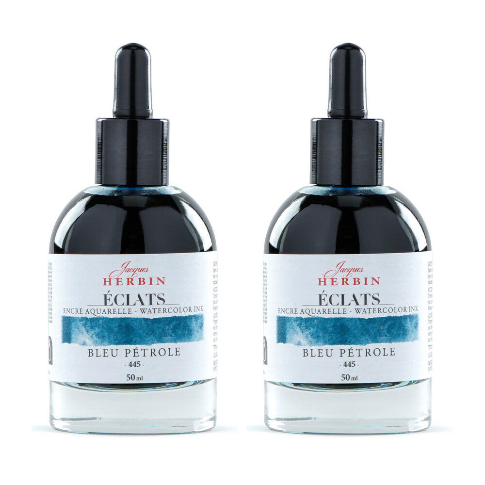 2PK Herbin Eclats Glass Bottle Watercolour Ink w/ Dropper 50ml Petrol Blue