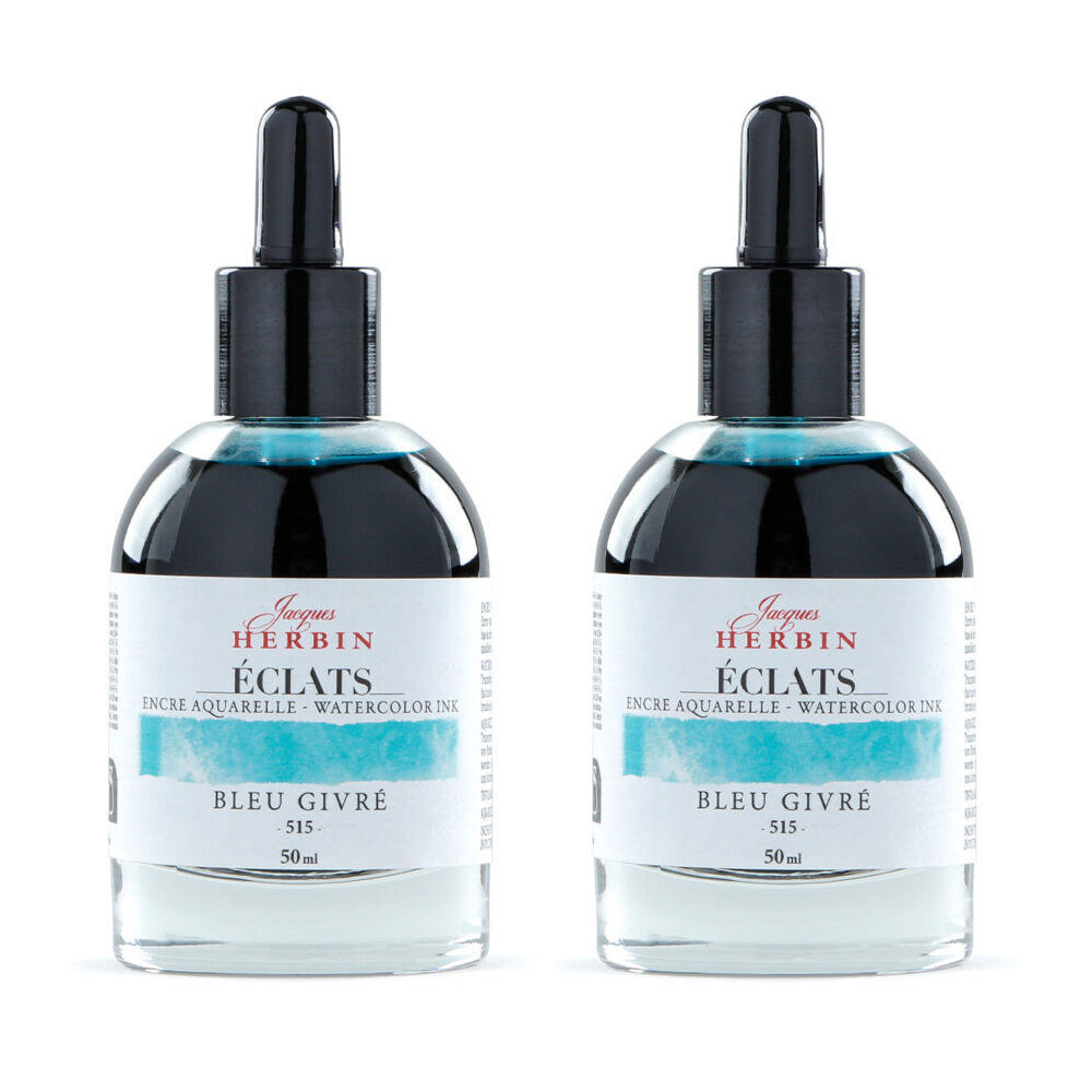 2PK Herbin Eclats Glass Bottle Intense Watercolour Ink w/ Dropper 50ml Ice Blue