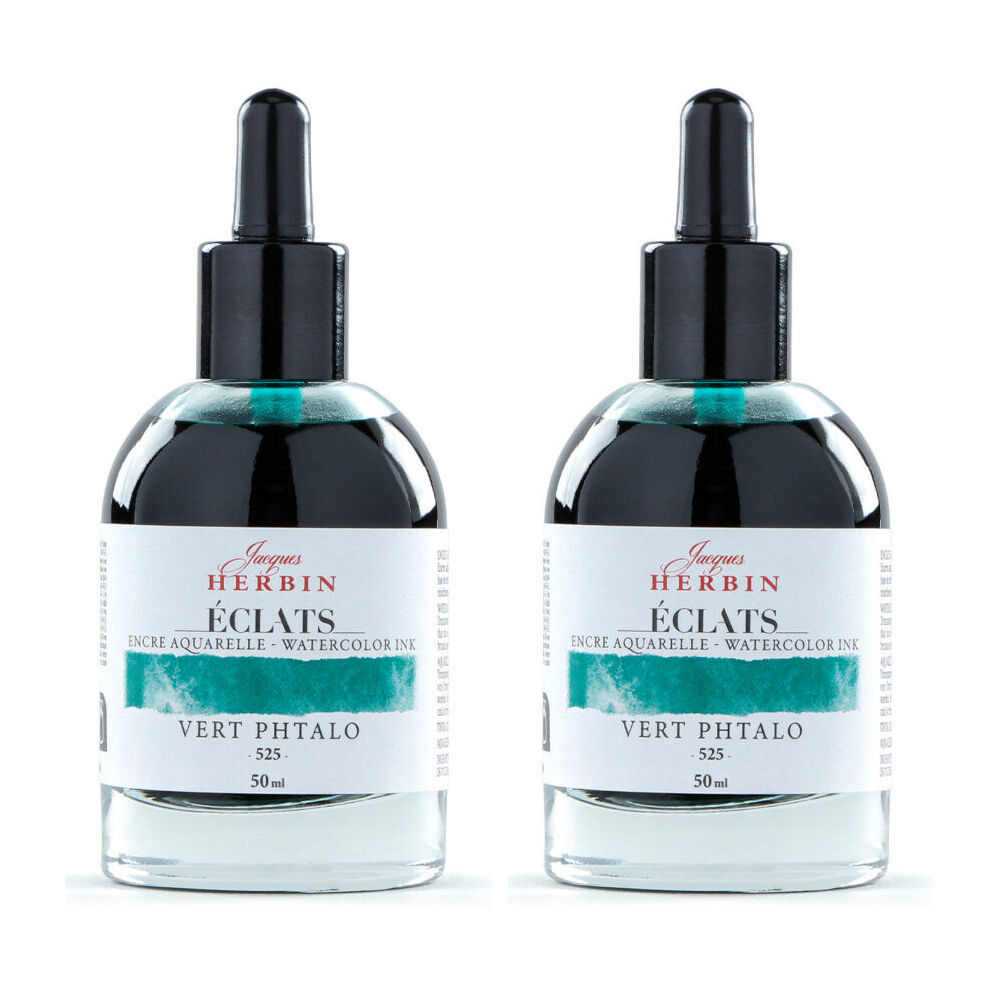 2PK Herbin Eclats Intense Watercolour Ink w/ Dropper 50ml Phthalo Green