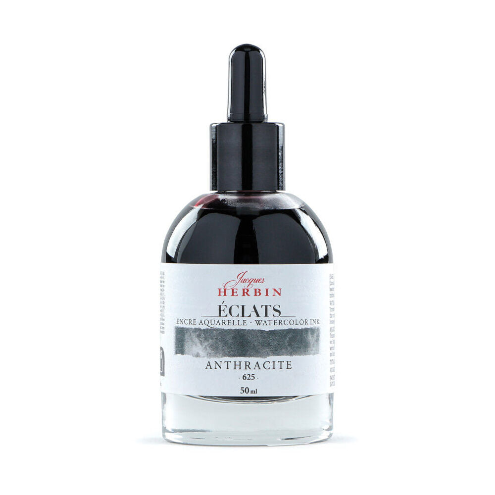 2PK Herbin Eclats Glass Bottle Watercolour Ink w/ Dropper 50ml Anthracite