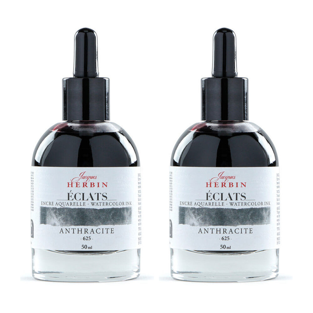 2PK Herbin Eclats Glass Bottle Watercolour Ink w/ Dropper 50ml Anthracite
