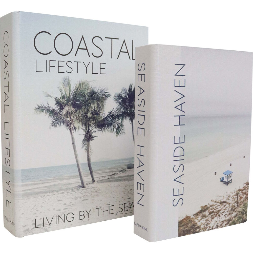 2pc LVD Wooden Canvas Book Box Large Set 34x25x6.5/29x20x5.5cm Coastal Haven