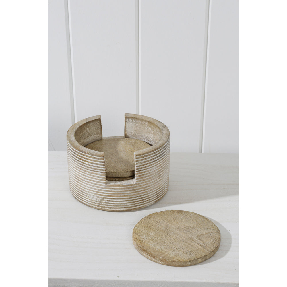 4pc Maine & Crawford Cyrus Wood 13cm Coaster w/ Holder - Natural Whitewash