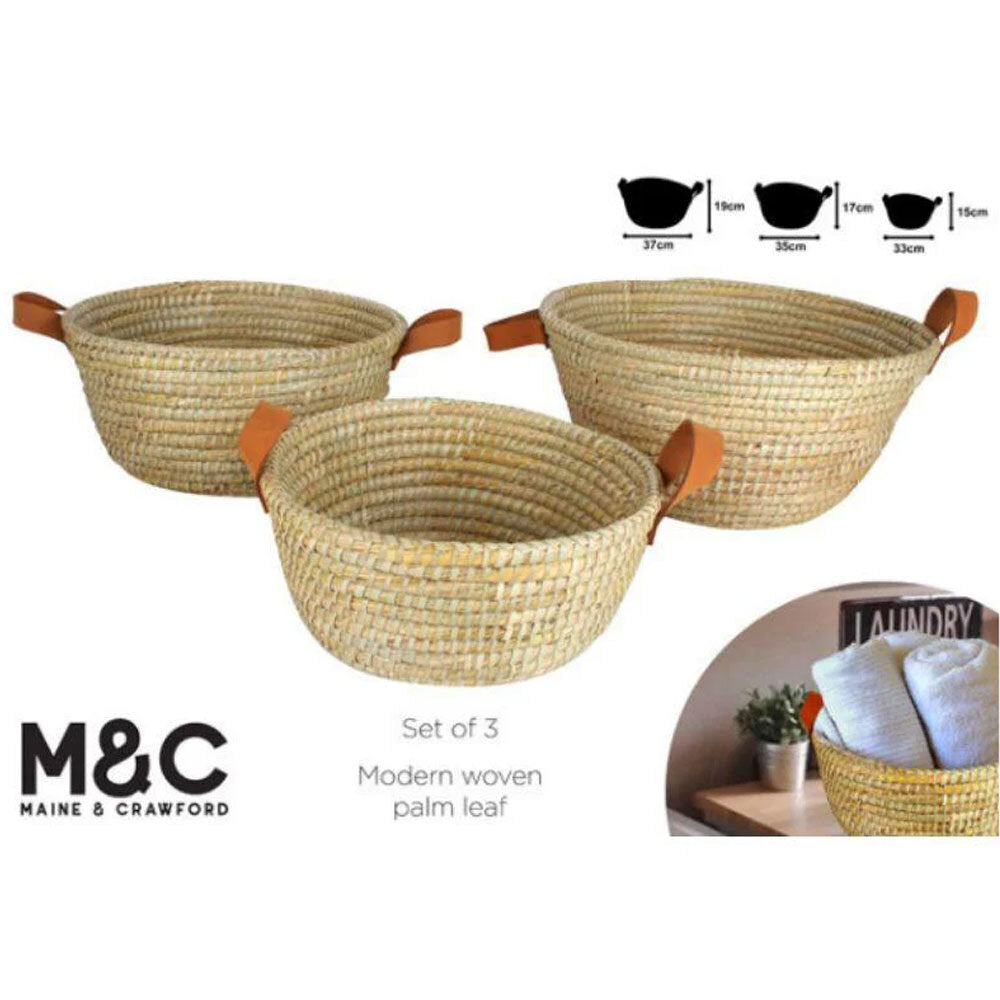 3pc Maine & Crawford Noosa Palm Leaf Basket Set w/ Leather Handle - Natural