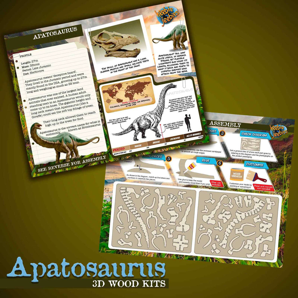 3PK Heebie Jeebies 36cm Wood Apatosaurus Toy Kit Dinosaur Small 6y+