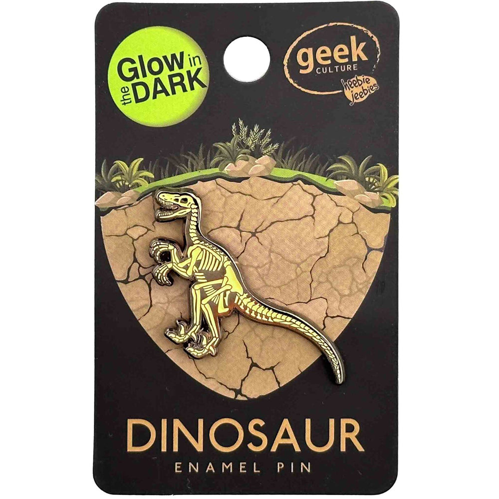 3PK Geek Culture Dinosaur Skeleton Glow Enamel Pin - Velociraptor