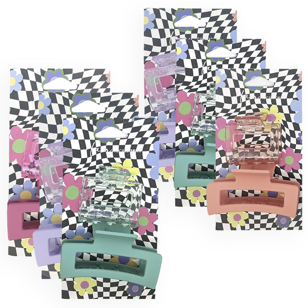 6x 2pc Hair Accessories Melrose 5cm Square & 9cm Rectangle Clips Assorted