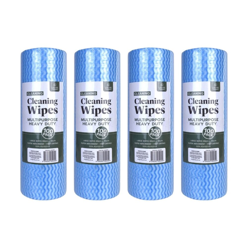 4x 100PK Living Today Cleaning Wipes Heavy Duty XL Polyester Multipurpose 30cm