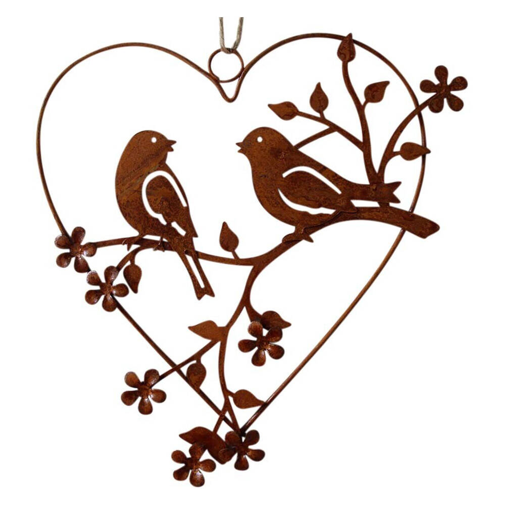 4PK LVD Metal Heart 2x Birds Home/Garden Decor 19x20cm - Brown
