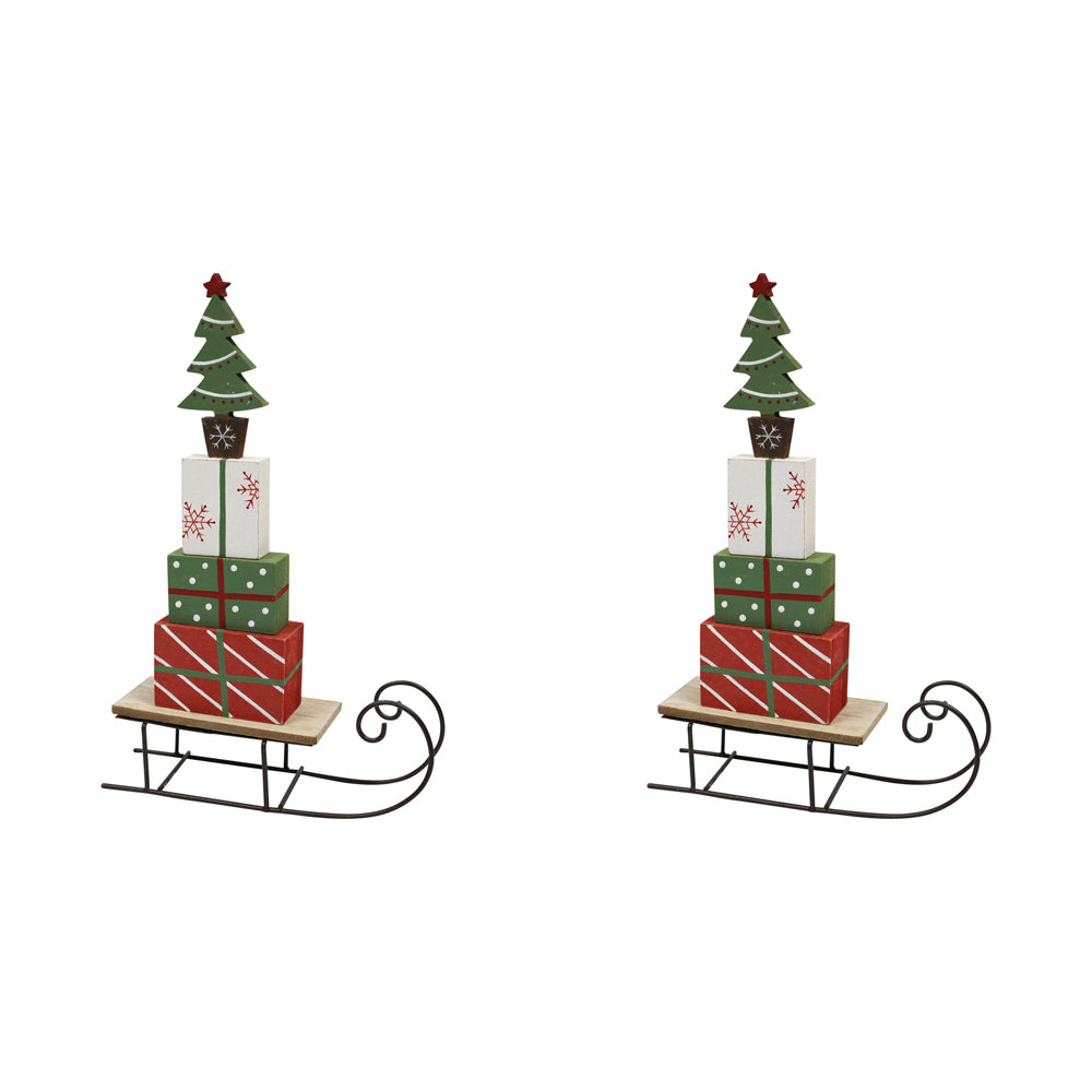 2PK LVD 30x19cm Metal/Wood Sleigh Present Home Decor - Red