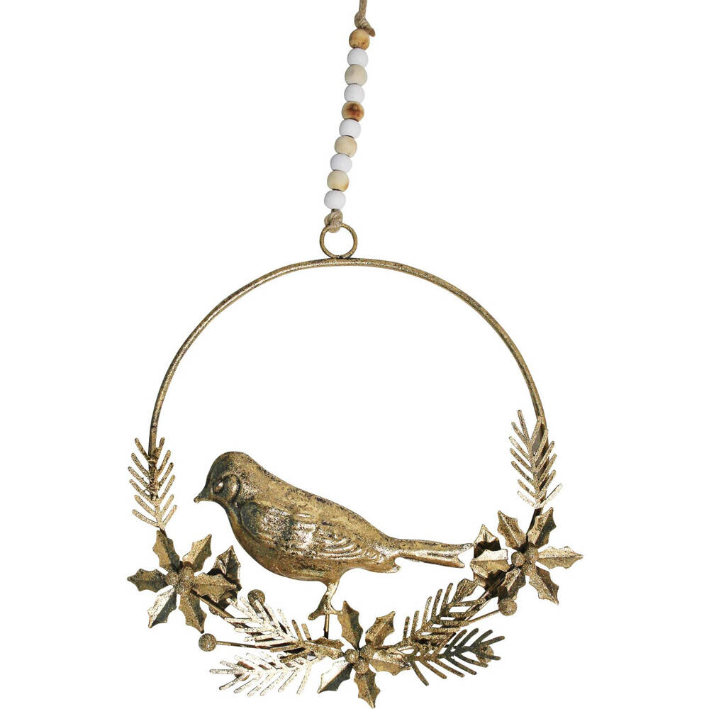 3PK LVD Metal/Beads Wreath Bird Hanging Ornament 18cm - Gold