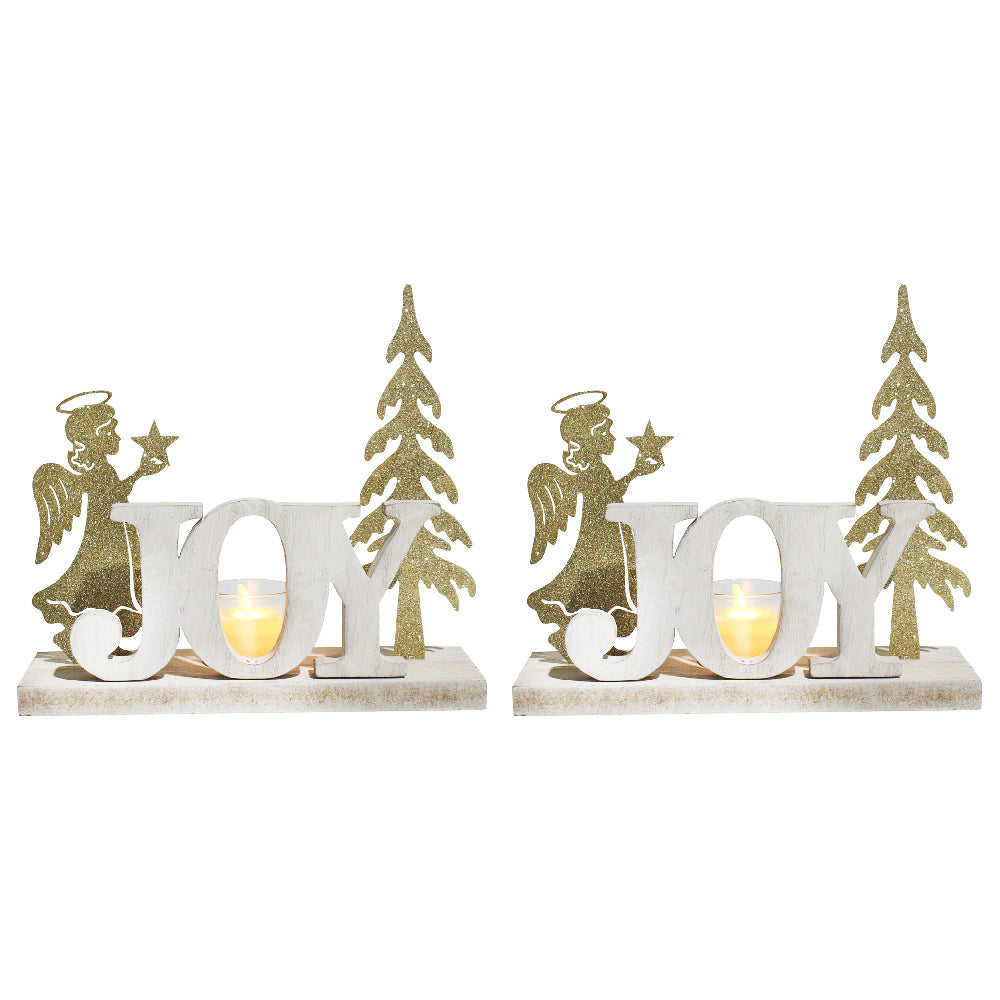 2PK LVD Metal/MDF Fairy Tealight Joy Christmas Decoration - White/Gold