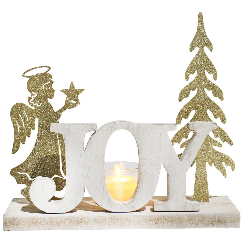 2PK LVD Metal/MDF Fairy Tealight Joy Christmas Decoration - White/Gold