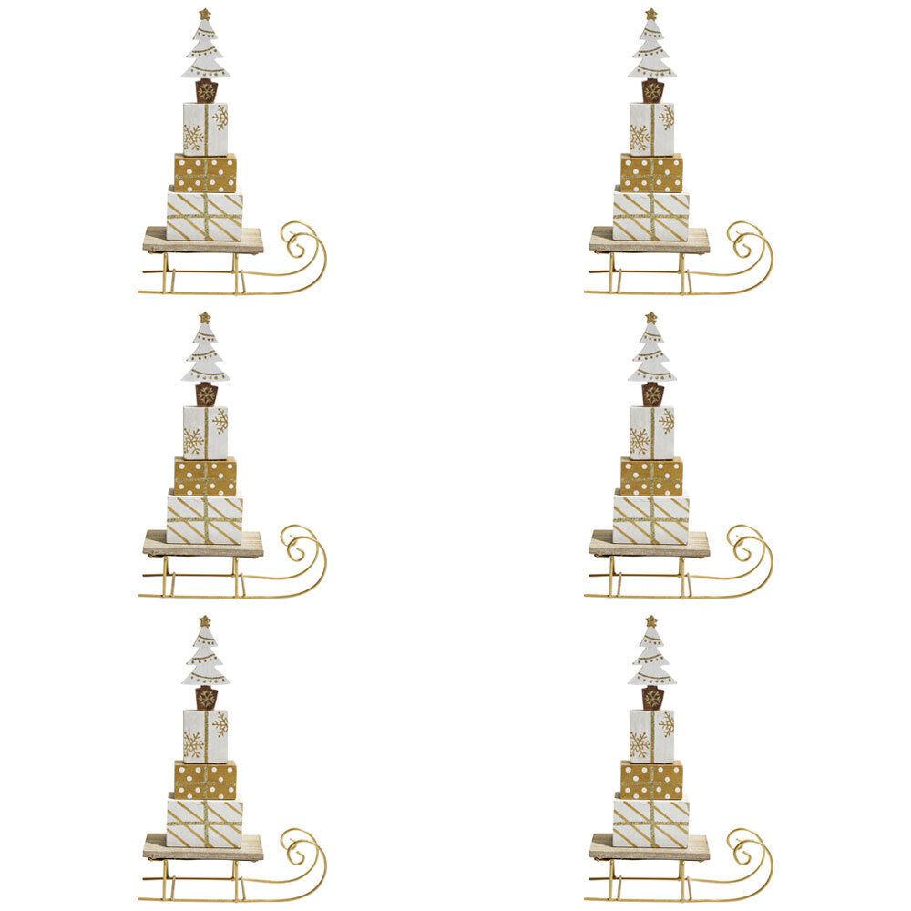 6PK LVD Metal/MDF Sleigh Xmas Present Stack Christmas Decoration 21cm