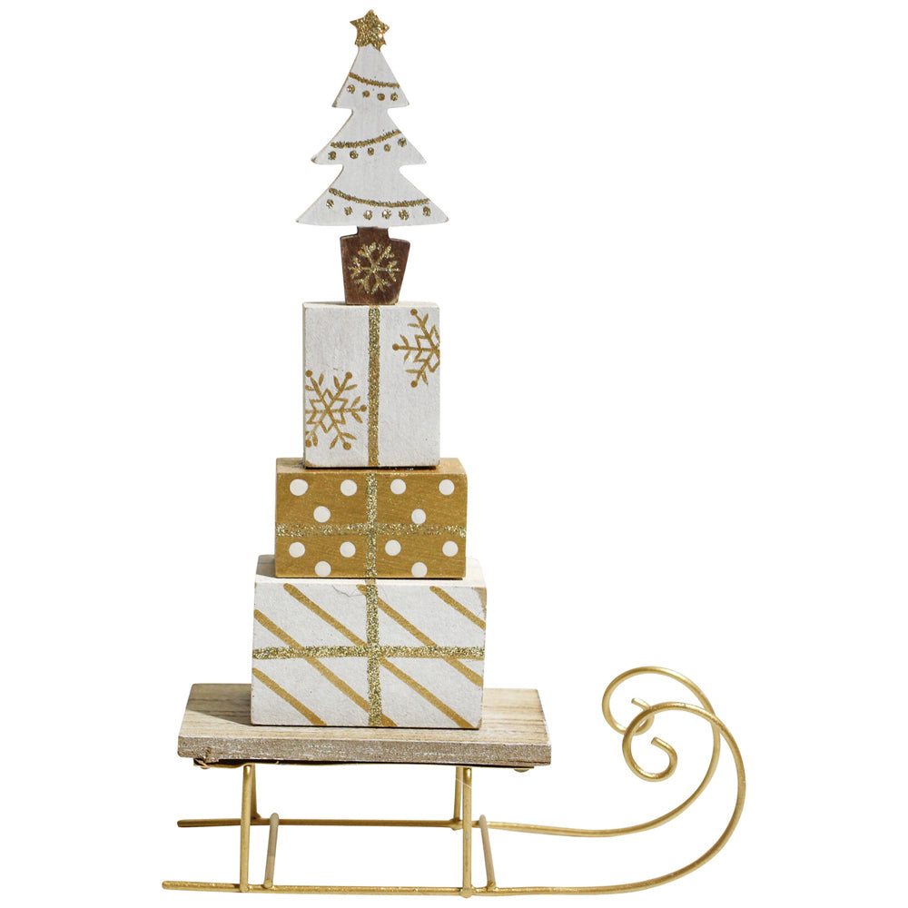 6PK LVD Metal/MDF Sleigh Xmas Present Stack Christmas Decoration 21cm