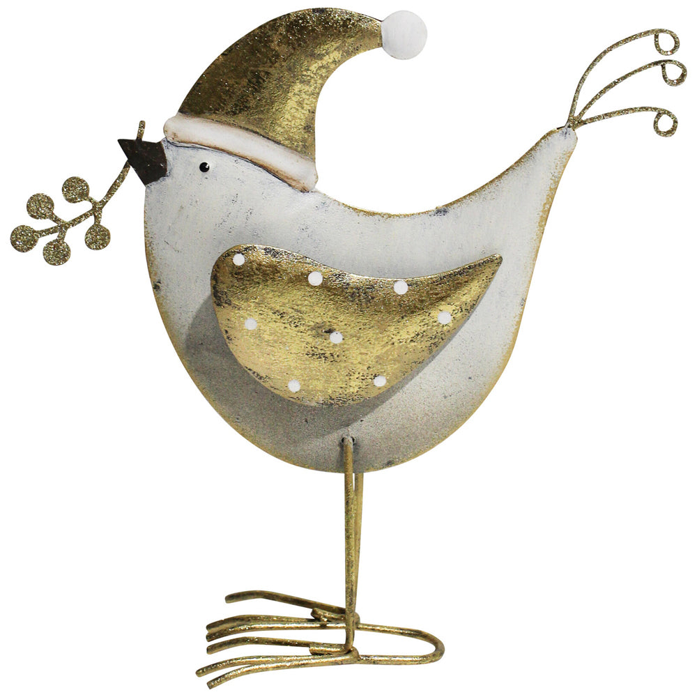 2PK LVD Metal Santa Bird Sculpture Lrg 18.5x15cm - White/Gold