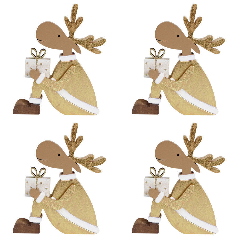 4PK LVD Wooden Gifting Reindeer Christmas Decoration Sml - Gold/Brown