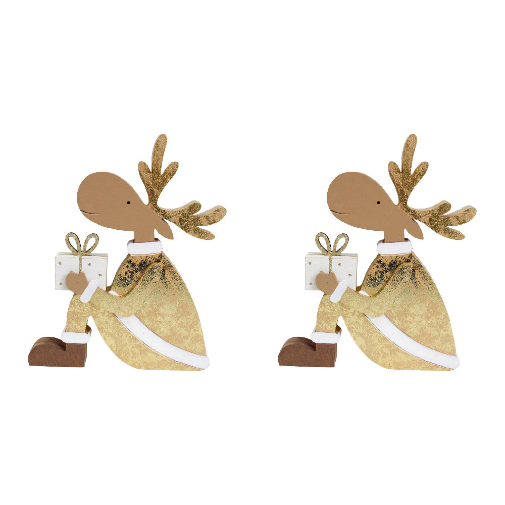 2PK LVD Wooden Gifting Reindeer Christmas Decoration Lrg - Gold/Brown