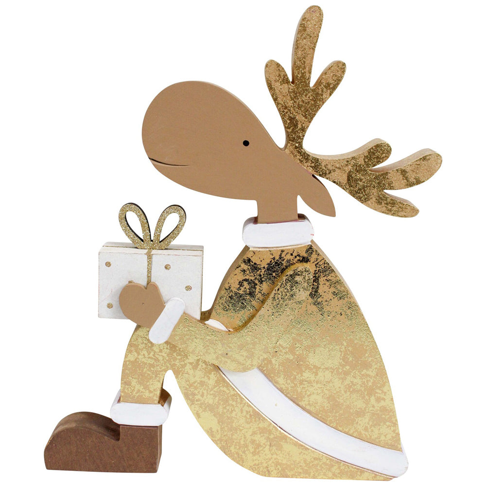2PK LVD Wooden Gifting Reindeer Christmas Decoration Lrg - Gold/Brown