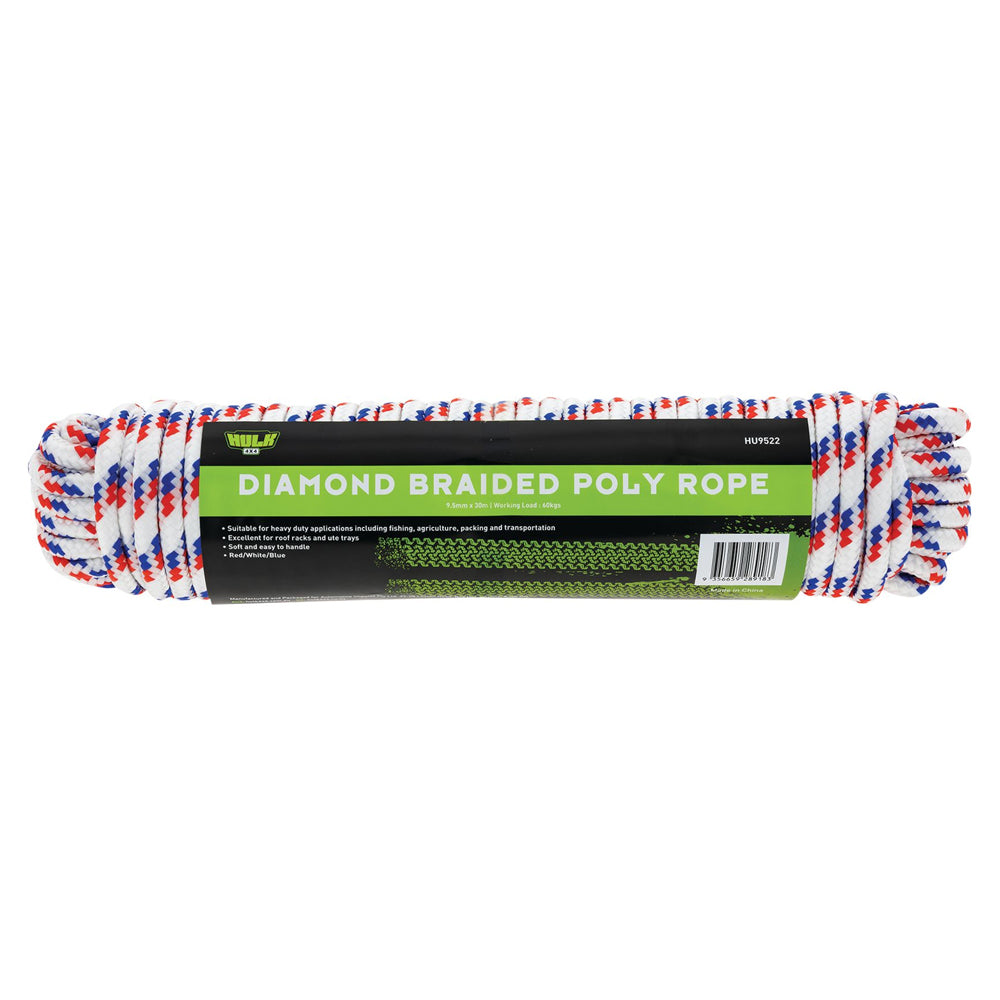 Hulk 4x4 Durable 30m Diamond Braid Poly Rope - White/Red/Blue