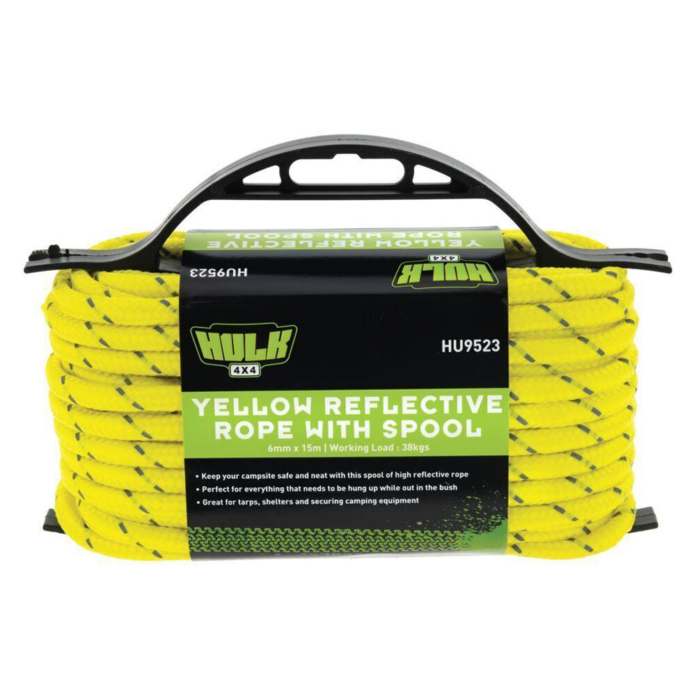 4PK Hulk Highly Reflective Camping Rope With Spool 6mm x 15m Yellow