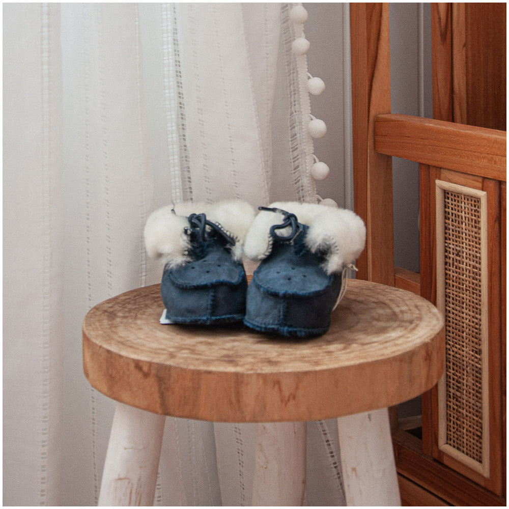 Huxford Grove Tykes Sheepskin Booties Baby Shoes Navy Blue