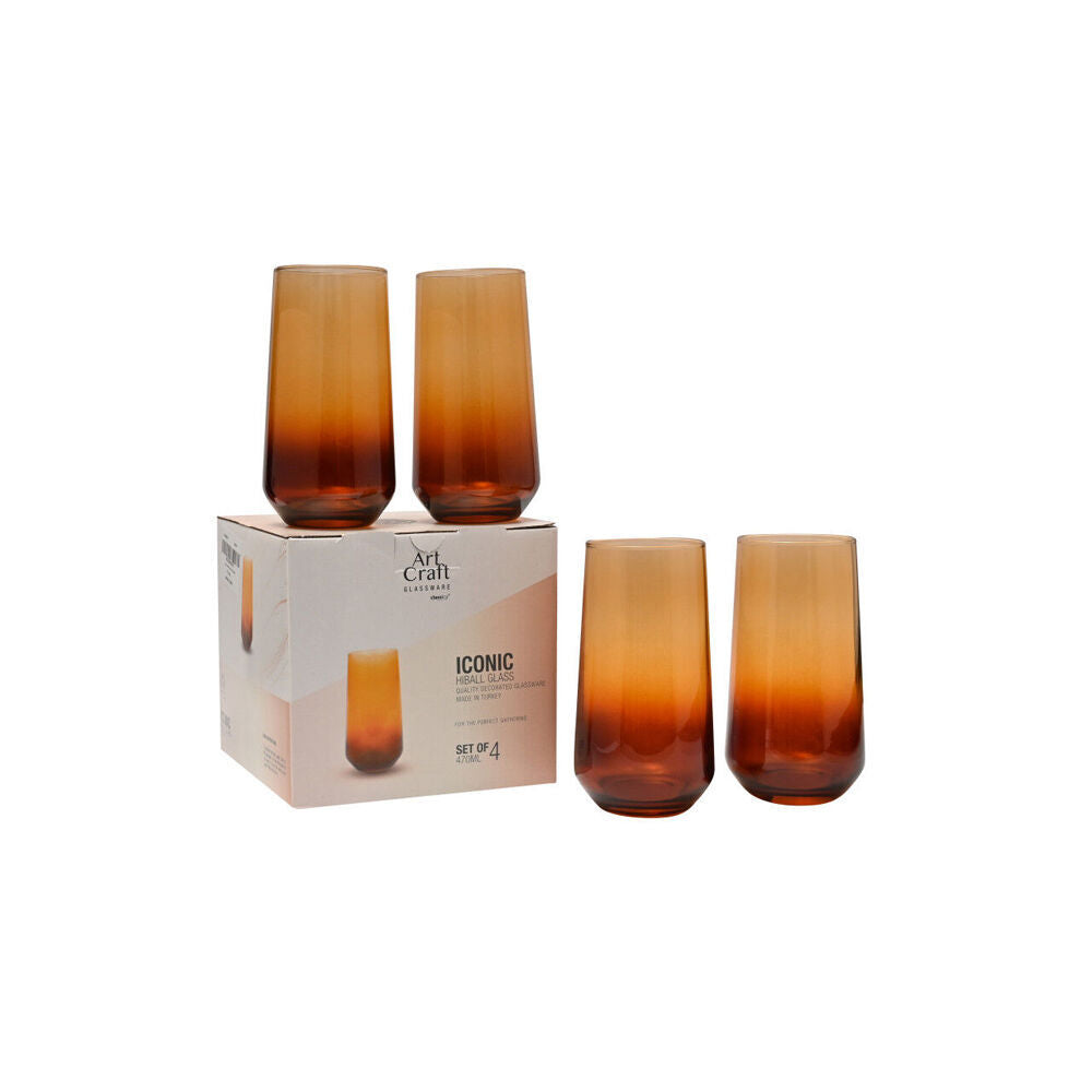2x 4pc Artcraft Iconic Amber Hiball Decorated Water Glassware 470ml