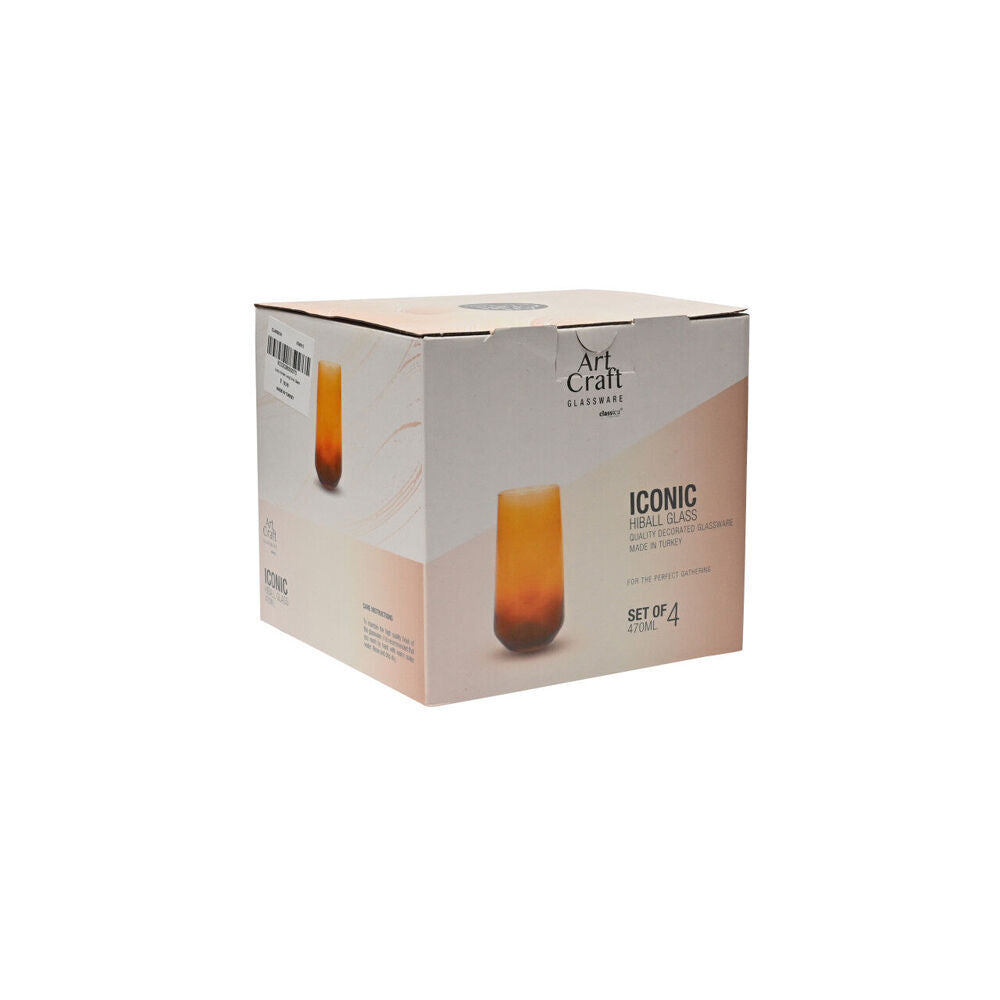 2x 4pc Artcraft Iconic Amber Hiball Decorated Water Glassware 470ml
