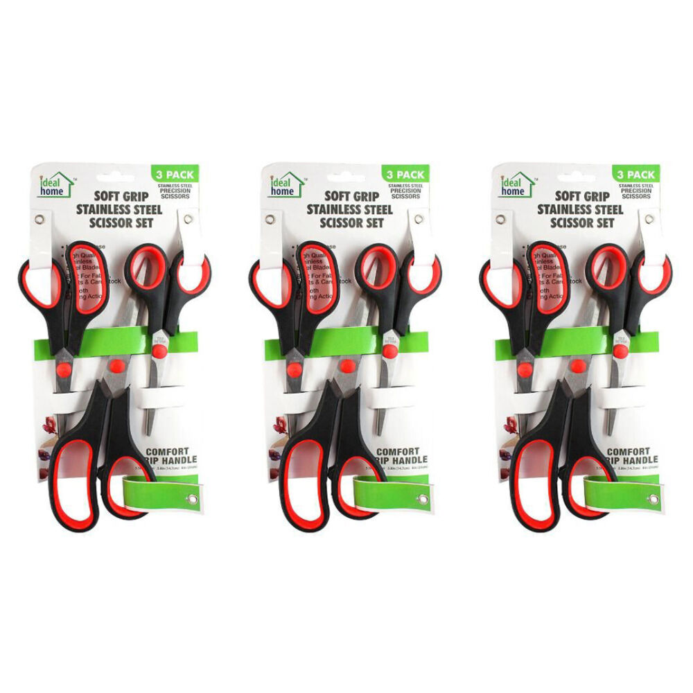 3x 3pc Ideal Home Soft Grip Stainless Steel Craft Scissors Set Multipurpose