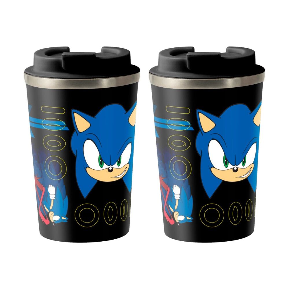 2PK Sonic The Hedgehog Lets Go Insulated Metal Travel Drinking Mug 350mL Black/Blue