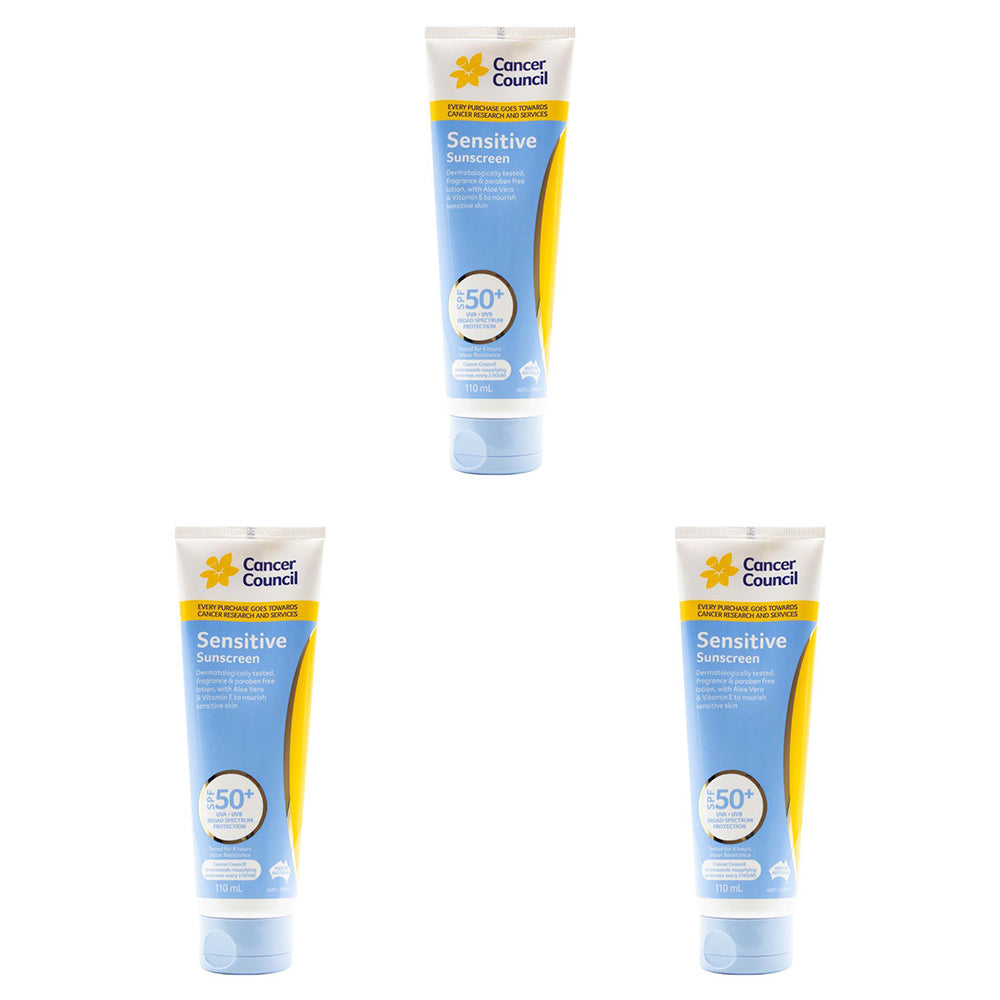 3PK Cancer Council 110ml Sensitive Sunscreen SPF50+ Body Lotion