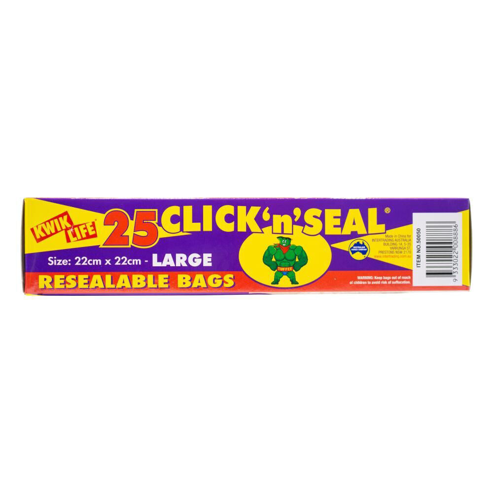 12x 25pc Kwik Life Click N Seal Resealable Bags Large Reusable Zip Lock 22x22cm