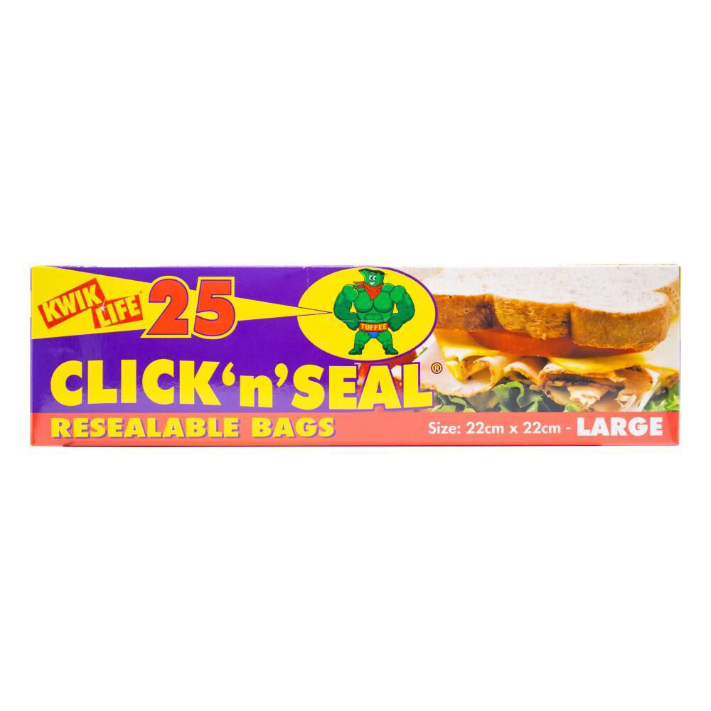 24x 25pc Kwik Life Click N Seal Resealable Bags Large Reusable Zip Lock 22x22cm
