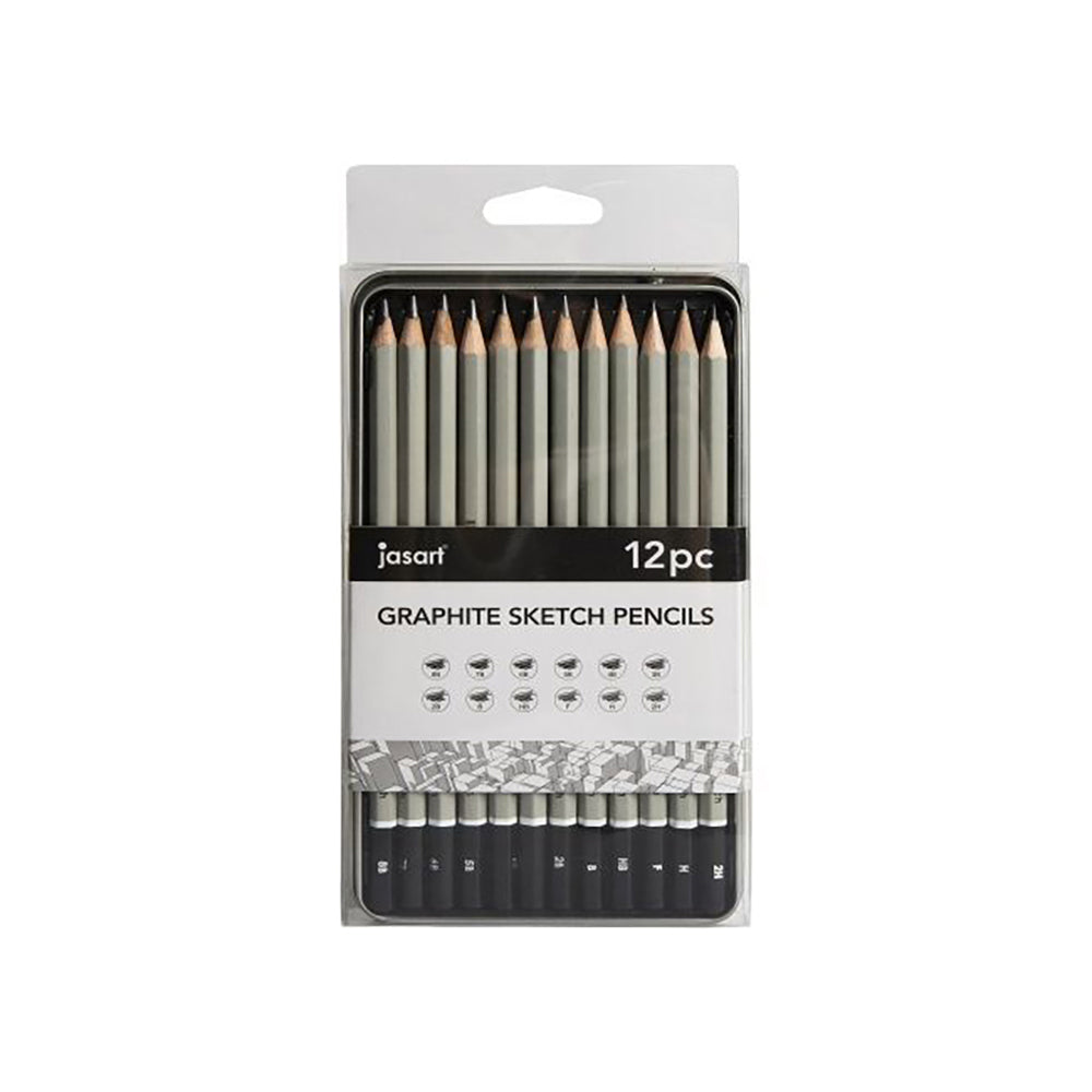 3x 12pc Jasart Studio Graphite Sketch Pencil Tin Set - Grey